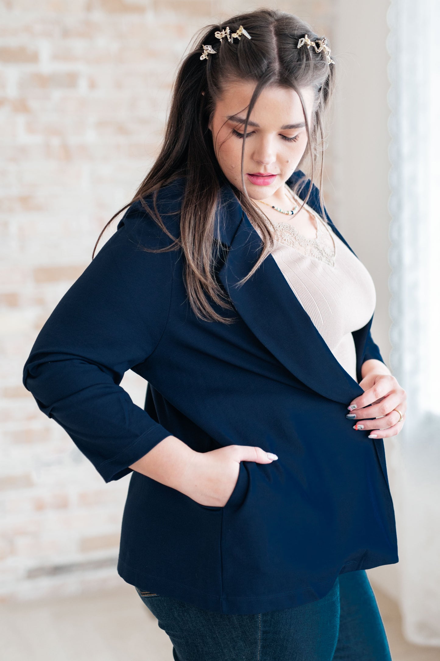 Dear Scarlett Magic 3/4 Blazer in Navy - G Marie's Boutique 