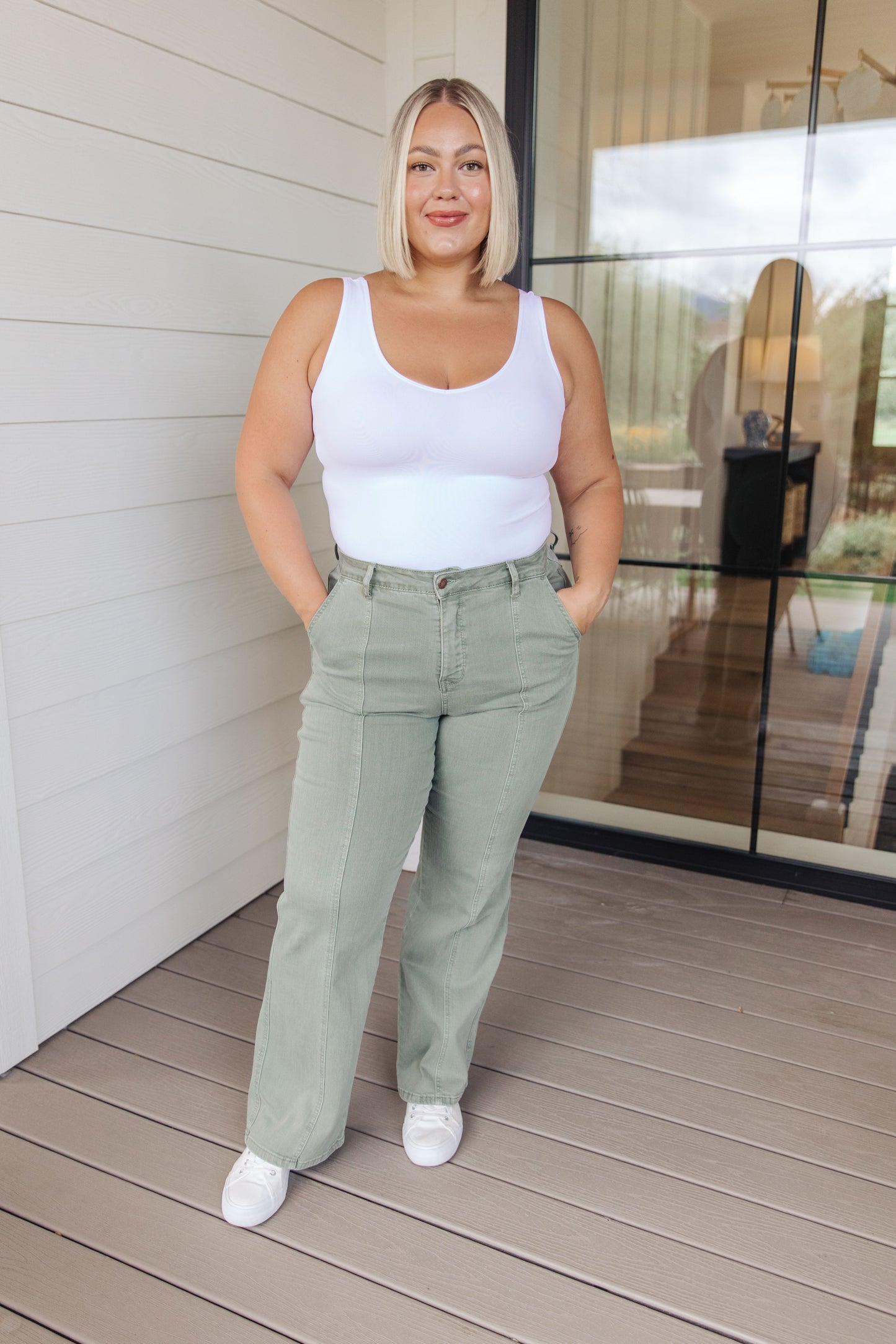 Phoebe High Rise Front Seam Straight Jeans in Sage - G Marie's Boutique 