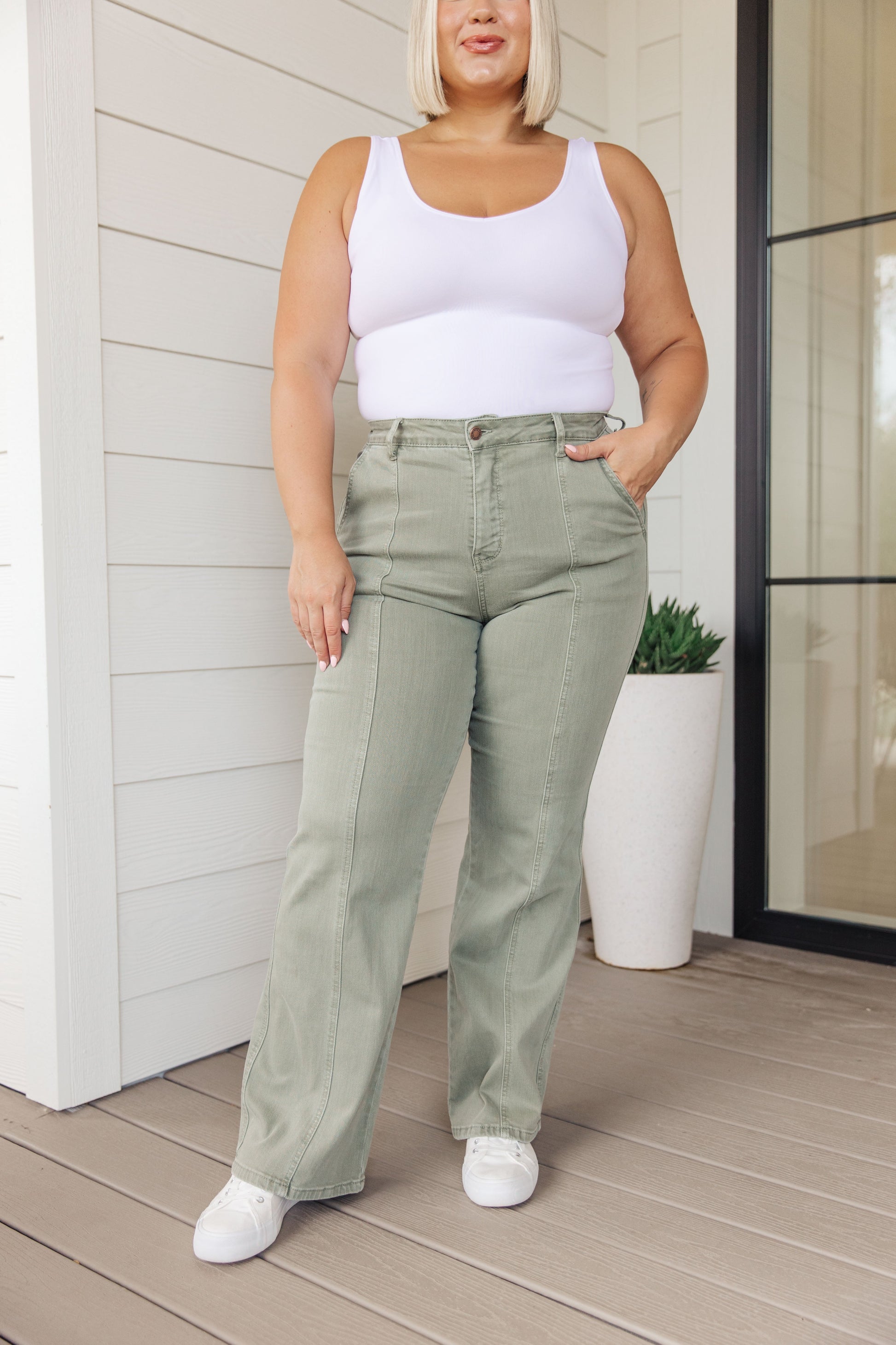 Phoebe High Rise Front Seam Straight Jeans in Sage - G Marie's Boutique 