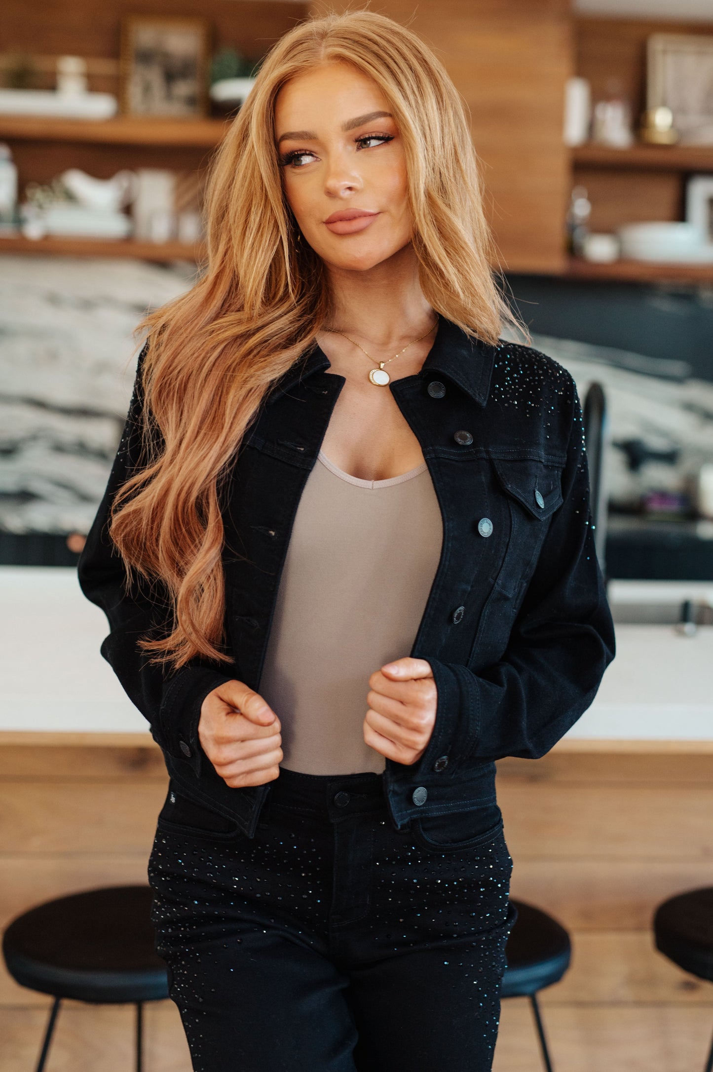 Reese Rhinestone Denim Jacket in Black - G Marie's Boutique 