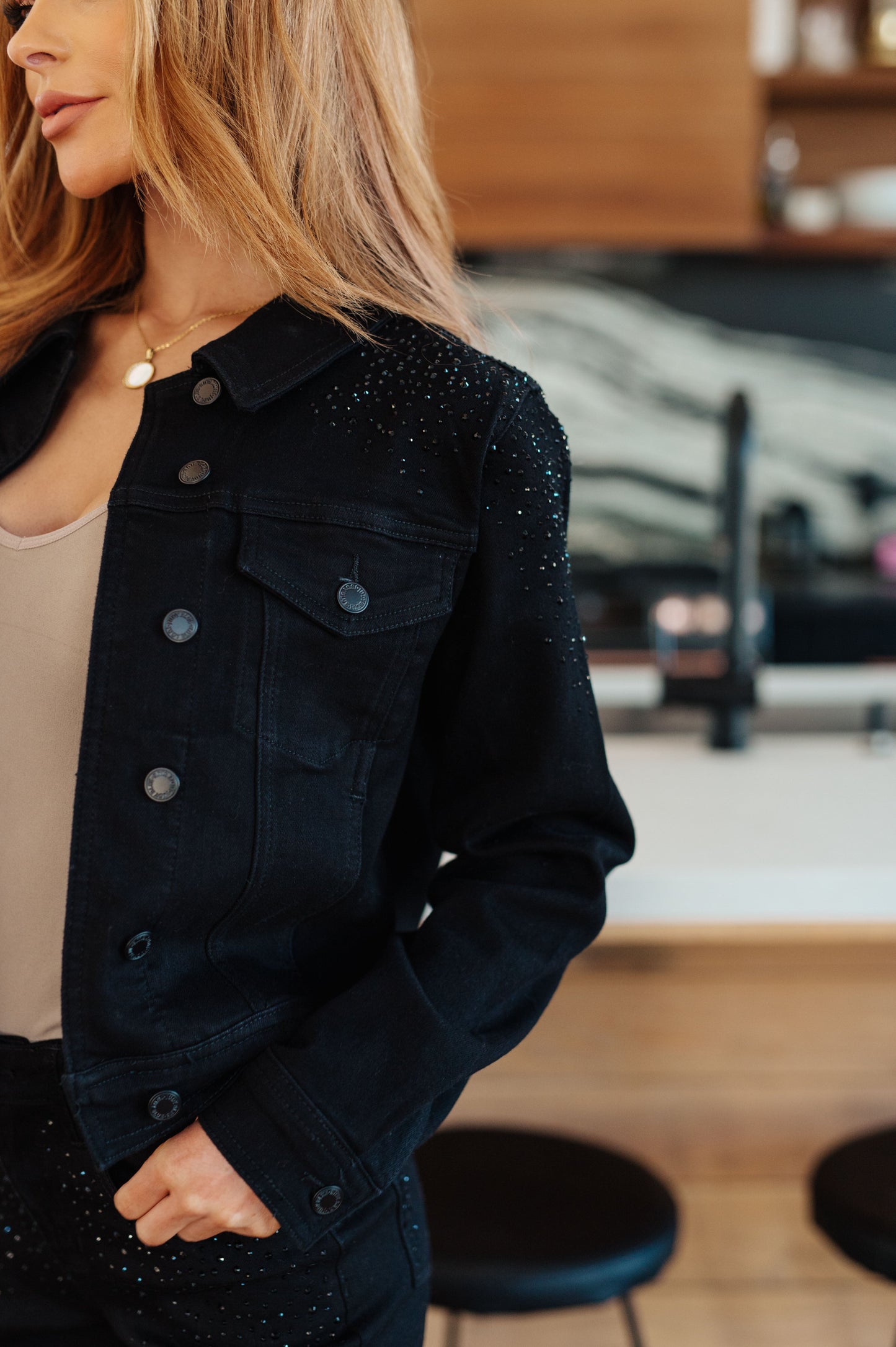 Reese Rhinestone Denim Jacket in Black - G Marie's Boutique 