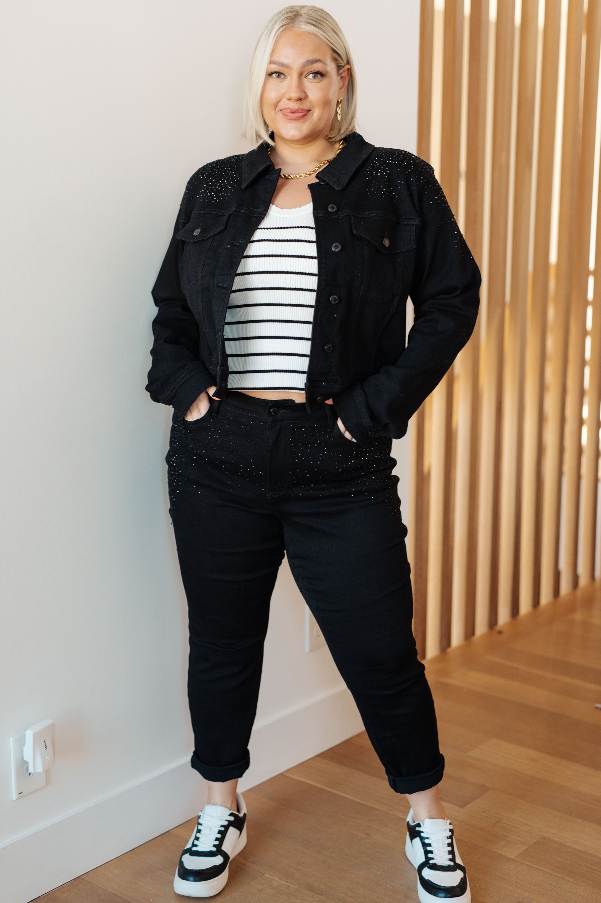 Reese Rhinestone Denim Jacket in Black - G Marie's Boutique 