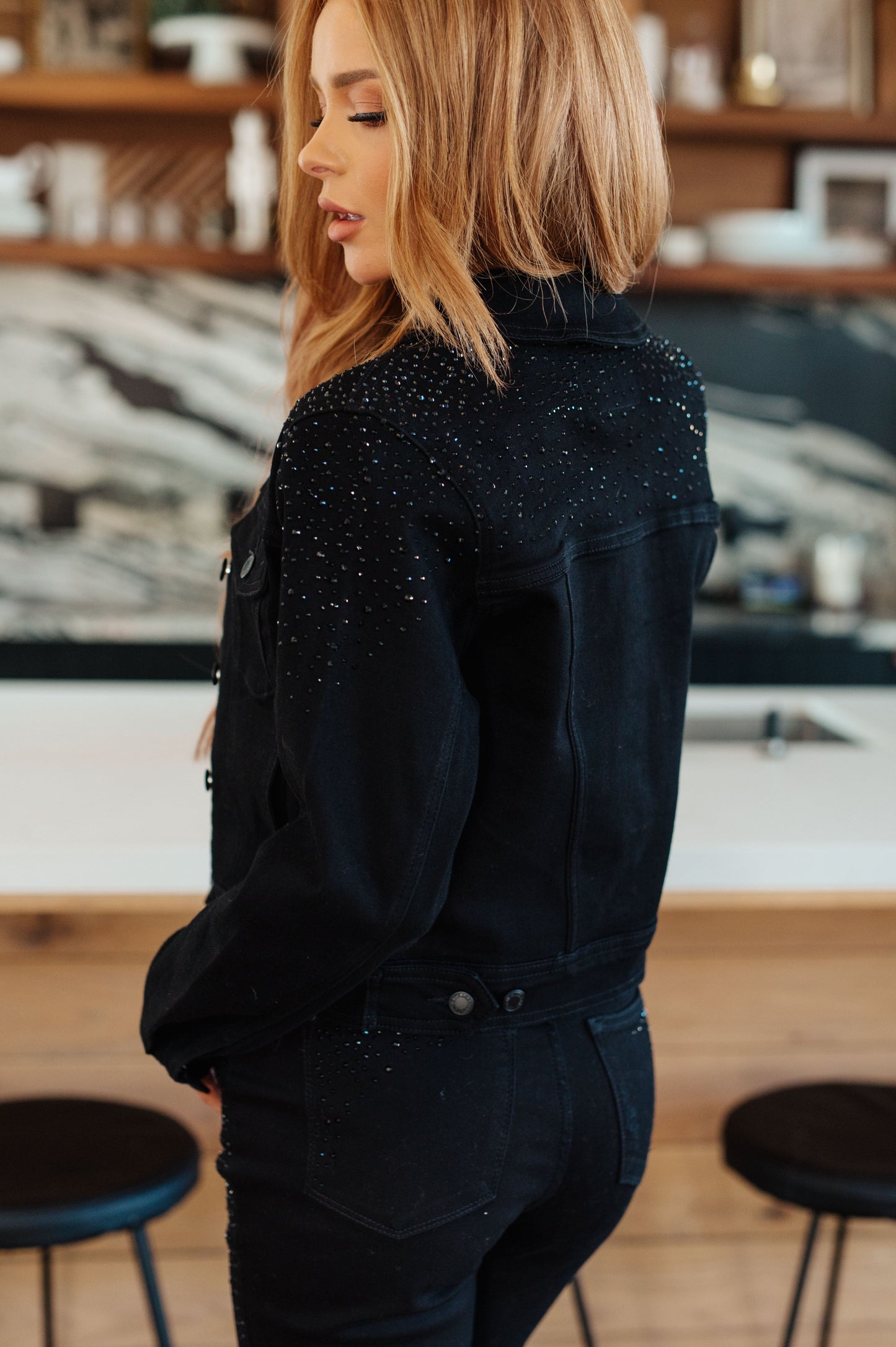 Reese Rhinestone Denim Jacket in Black - G Marie's Boutique 