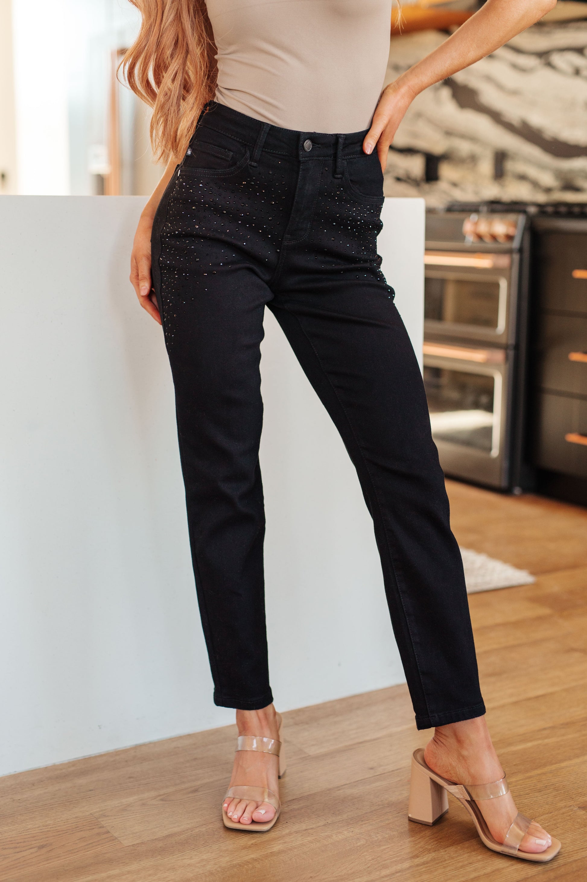 Reese Rhinestone Slim Fit Jeans in Black - G Marie's Boutique 