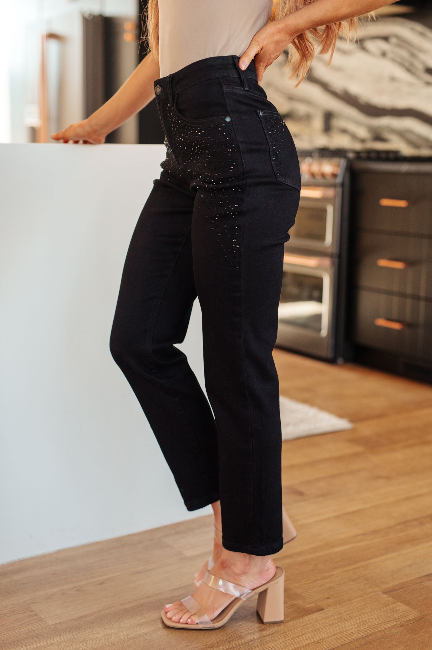 Reese Rhinestone Slim Fit Jeans in Black - G Marie's Boutique 