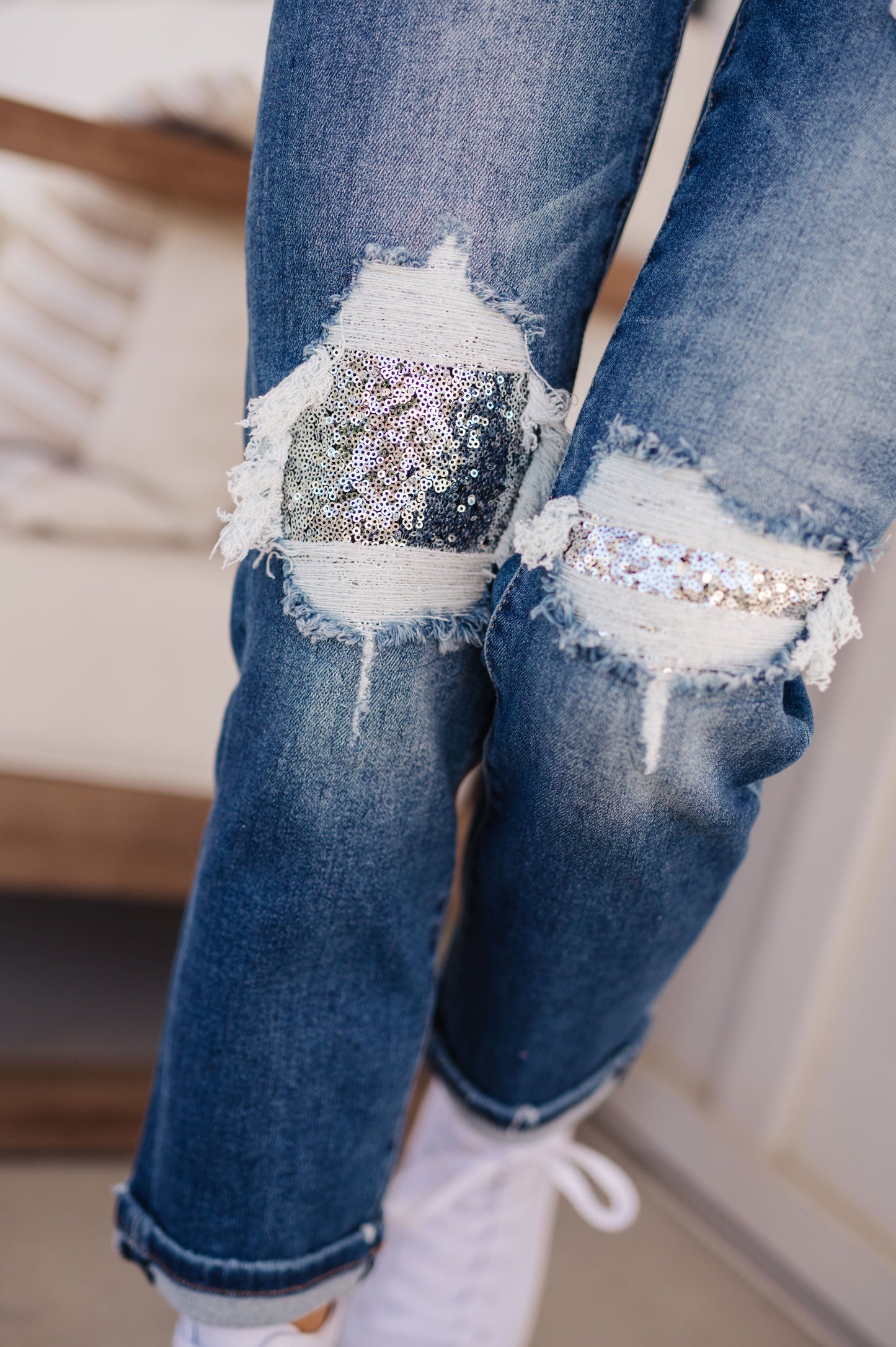 Suki Mid Rise Sequin Patch Tapered Jeans - G Marie's Boutique 