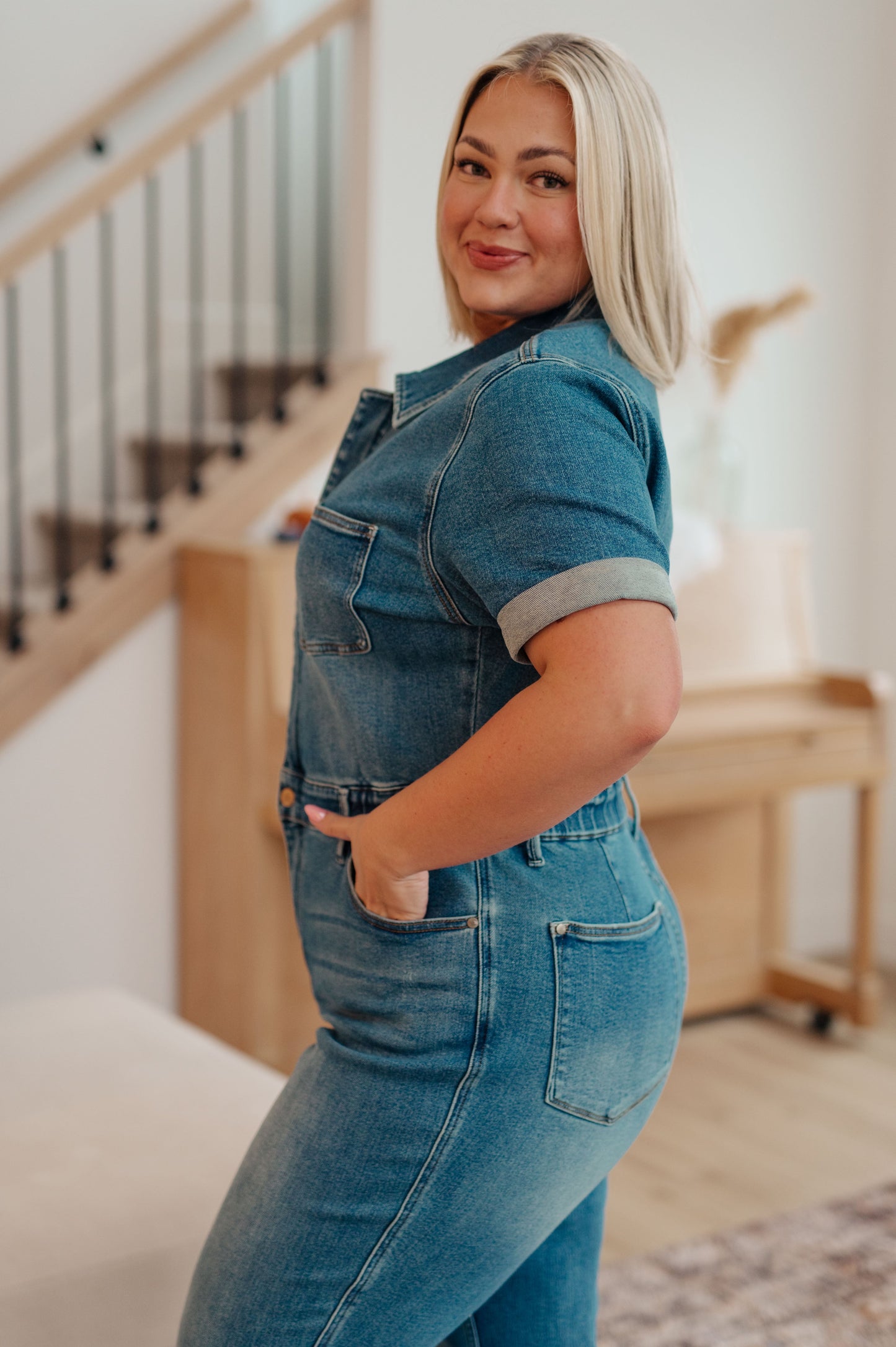 Sylvia Short Sleeve Denim Jumpsuit - G Marie's Boutique 