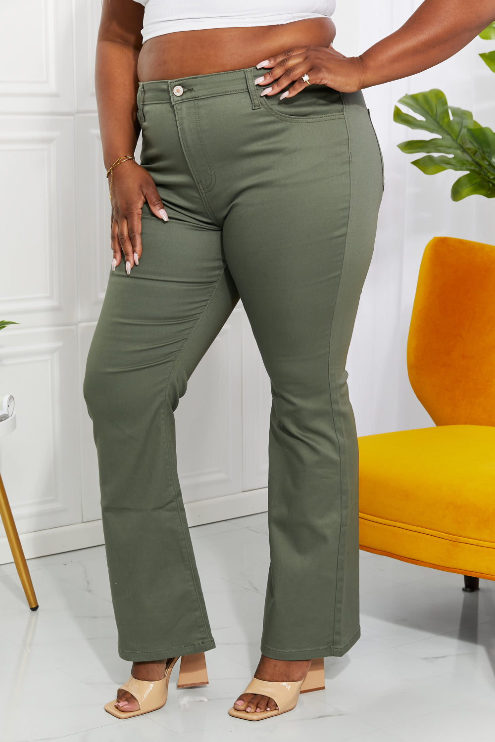 Zenana Clementine Full Size High-Rise Bootcut Jeans in Olive - G Marie's Boutique 